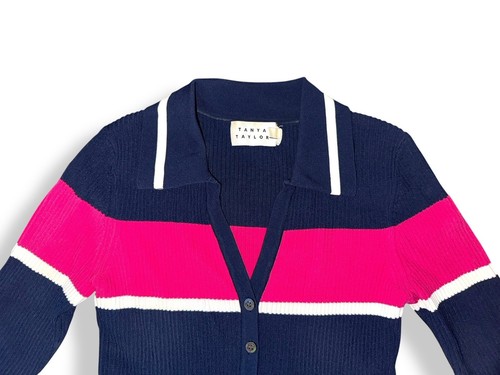Polo TANYA TAYLOR aderente colorata a righe maglia a costine con colletto scollo a V taglia XS - Foto 7 di 12