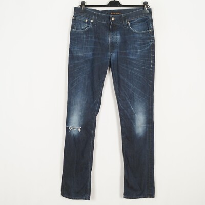 NUDIE JEANS THIN FINN Men Jeans Size W34 L34 Slim Fit Straight Blue Distressed