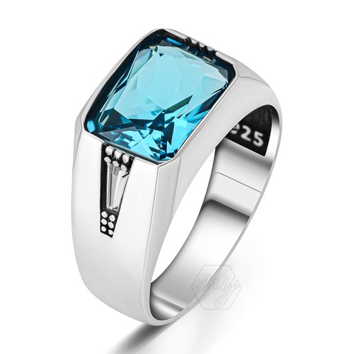 Men's Sterling Silver Ring With Blue Cubic Zirconia - 925 Silver Turkish Made Custom Cut Stone Ring, Gift Box Included