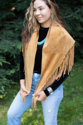 Patricia Wolf New/Vintage Southwest Hand-painted Fringed Suede Shawl ''Whiskey''