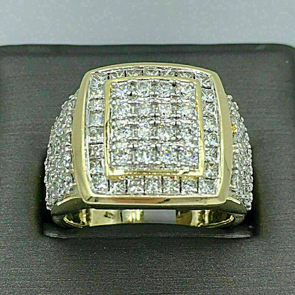 Anillo de compromiso de diamantes de 3,00 quilates redondo de oro real amarillo de 10 quilates para hombre Foto 2 de 3