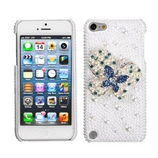 Asmyna Blue-Dot Butterfly 3D Diamante Back Protector Cover for iPod touch 5