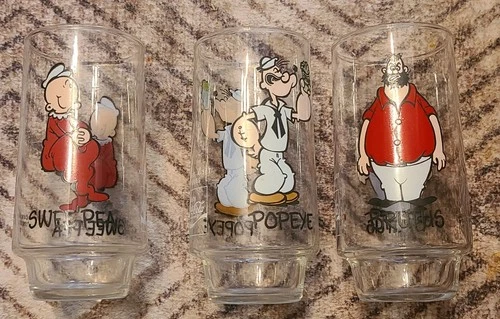 Vintage  3 Glass Popeye 1975 Coke Collectors Glasses Popeye, Brutus & Swee'pea