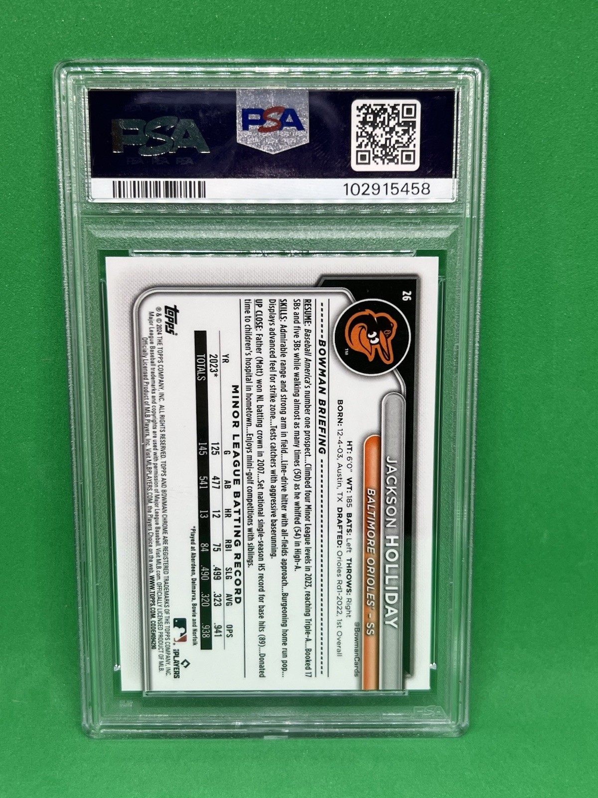 Jackson Holliday 2024 Bowman Chrome Mega Aqua Refractor RC /299 PSA 9 view 2