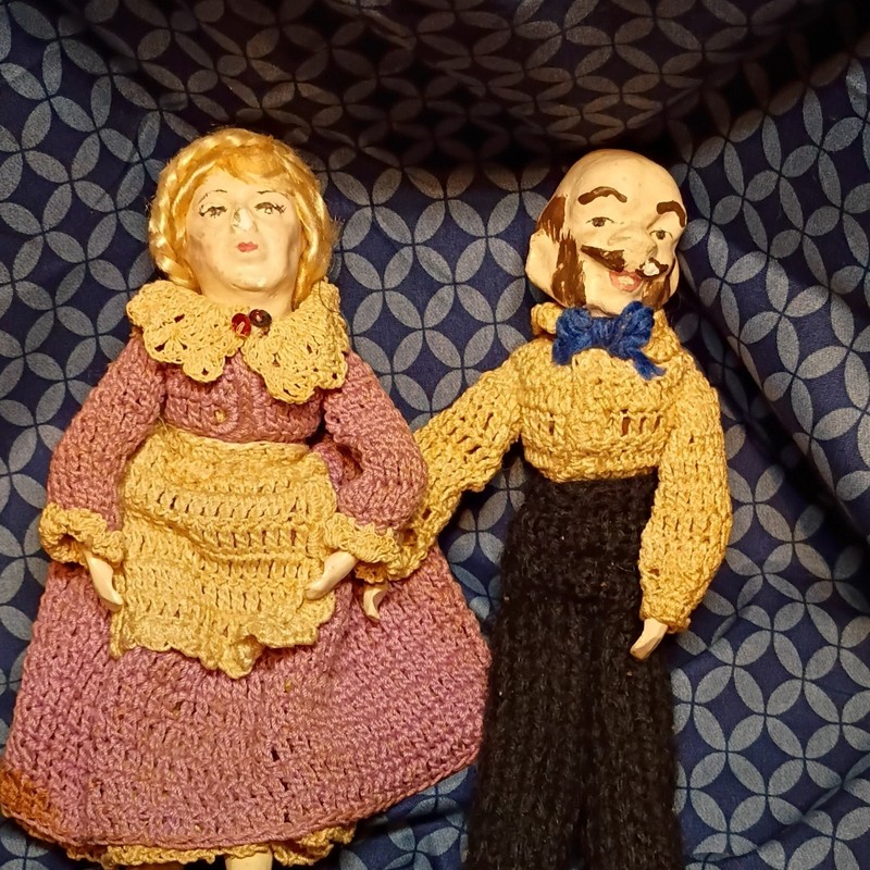 Handmade Wooden Artist Dolls Pair with Crocheted Clothing Hand-Painted Faces