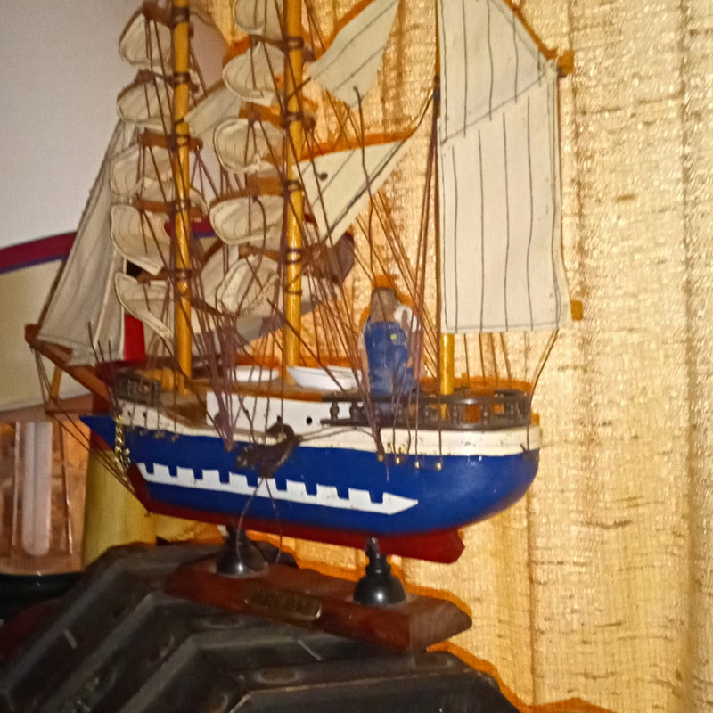Decorative Tall Ship Model Sailing Ship w/ Sails on Stand Blue & White