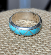 Vintage Zuni Sterling Silver Inlay Eternity Signed Turquoise Ring AS IS READ