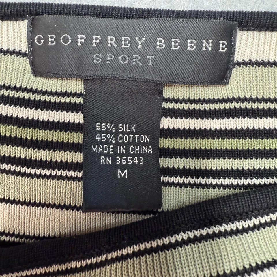 Top deportivo tejido a rayas Geoffrey Beene mezcla de seda verde oliva negro blanco M Foto 3 de 4