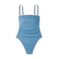 Woman's Shirred Ribbed Bandeau Cheeky One-Piece Swimsuit Blue Medium NWT