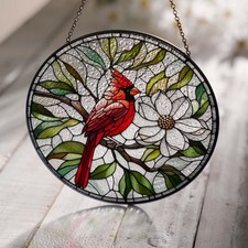 Cardinal Magnolia Suncatcher Glass Window Decor Art Gift Bird Flower