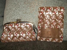 HOBO INTERNATIONAL 2 PC EURO SLIDE/ COIN PURSE IN DITZY FLORAL METALLIC LEATHER