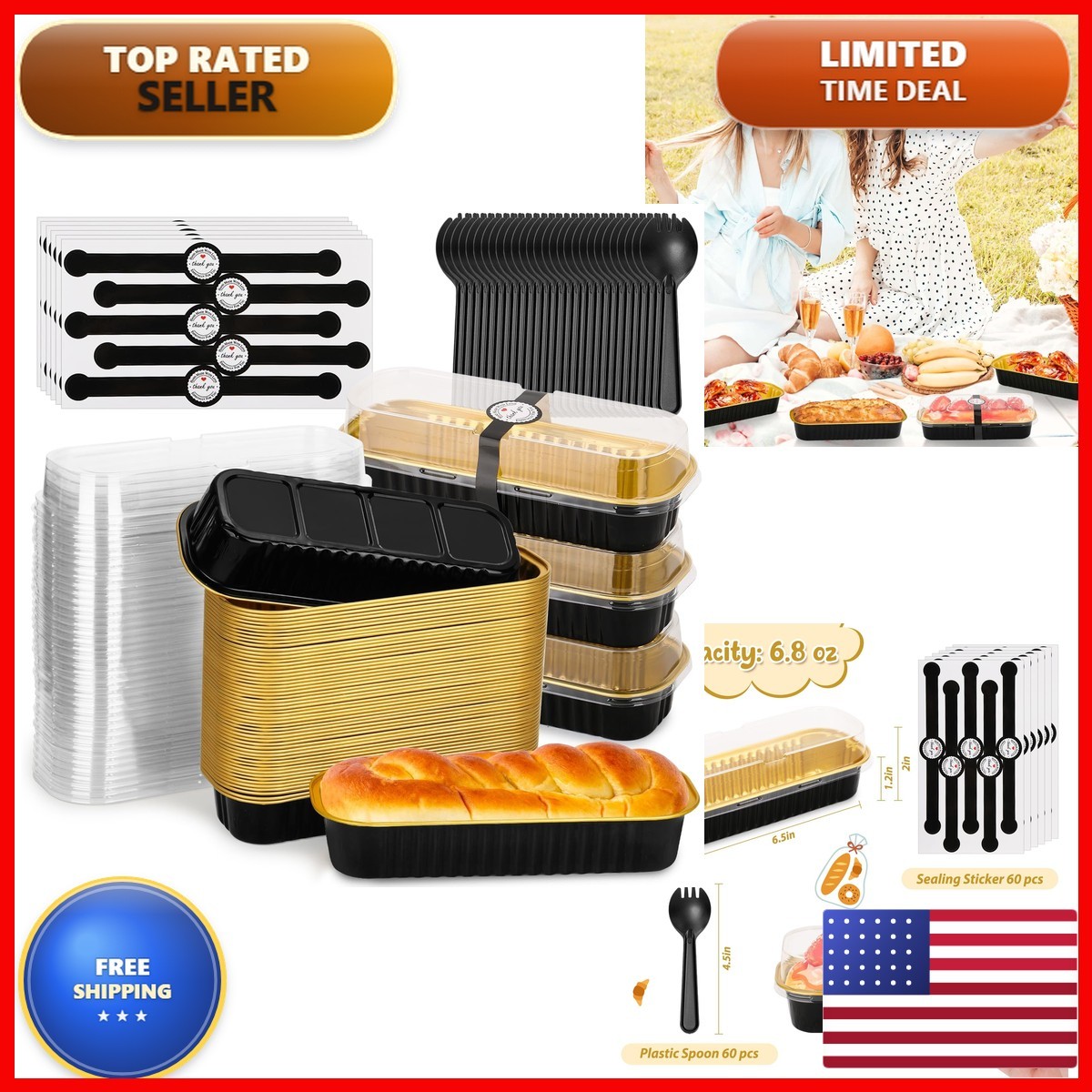 Selizo 60 Pack 6.8oz Mini Loaf Baking Cake Pans Lids, Rectangle Disposable