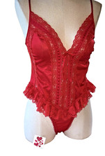 Vtg Bodysuit Romper Teddy Red 80s Inset Lace Ruffles Snap Gusset  Gift Wrap S M