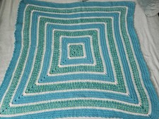 Vtg Handmade Crochet Baby Blanket Granny Square Afghan 40 X 40 Blue Green White