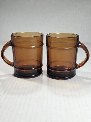 Two Vintage Anchor Hocking Fire King Dark Amber Glass 9oz Barrel Mugs USA
