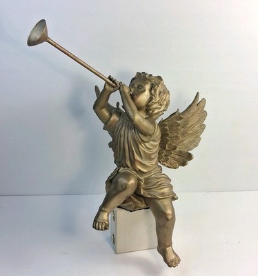 Vintage Gold  Sitting Angel Cherub  Wings  and  Iron Trumpet Renaissance  Beauty