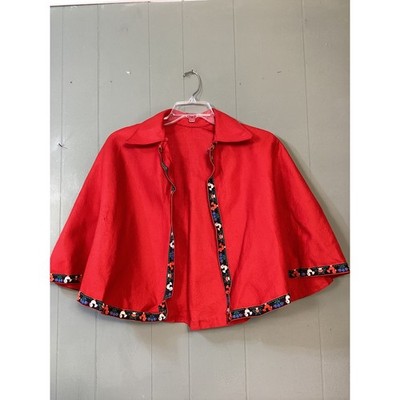 Vintage Red Folk Art Embroidered Capelet Collar Poncho Jacket Felt Drama School