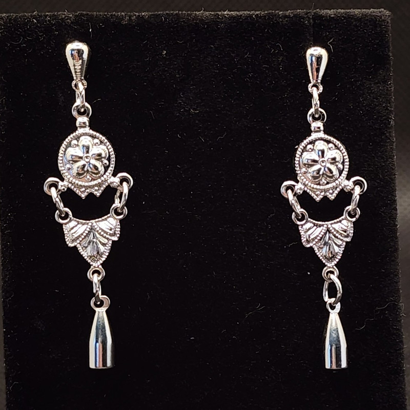 Antique Vintage 925 Silver Teardrop Floral Dangle/Drop Earrings