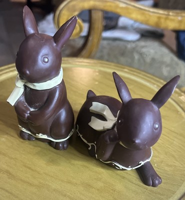 2 Bunny Rabbit Figurines Brown Chocolate w/ cream Ribbon Easter *Read
