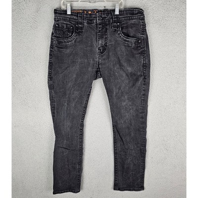 Rock Revival Jeans Men 36 Black Kemel Straight Fleur De Lis Heavy Stitch Denim