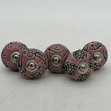 5 Pink Ceramic Drawer Pulls Cabinet Knobs Carved Designs 1.5