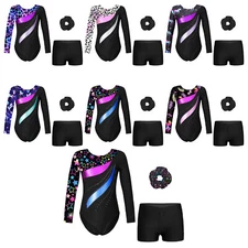 Kids Girls Bodysuit And Boyshorts Sports Leotard With Shorts & Hair Tie Yoga