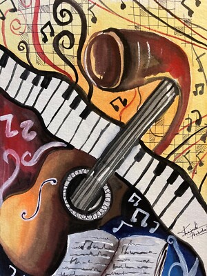 Original Watercolor Painting A4 Mural Guitar Piano Music Graffiti
