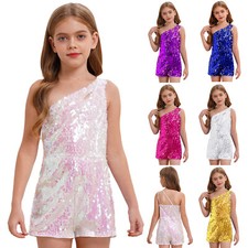 Kids Girls Dancewear Keyhole Jumpsuit Short Bottom Rompers Halloween Jazz Disco