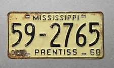 🐾 1968 MISSISSIPPI "PASSENGER" LICENSE PLATE (59-2765) PRENTISS COUNTY