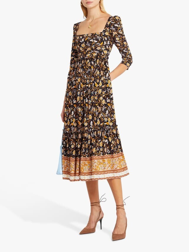 opt smocked midi dress O.P.T. Athena Puff Sleeve Midi Dress Smocked A Line Gold Dust Womens Size XS #19