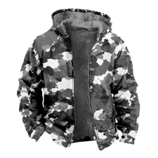 Mens Gray Camouflage Fleece Lined Hoodie Sweater Camo Winter Zip Jacket