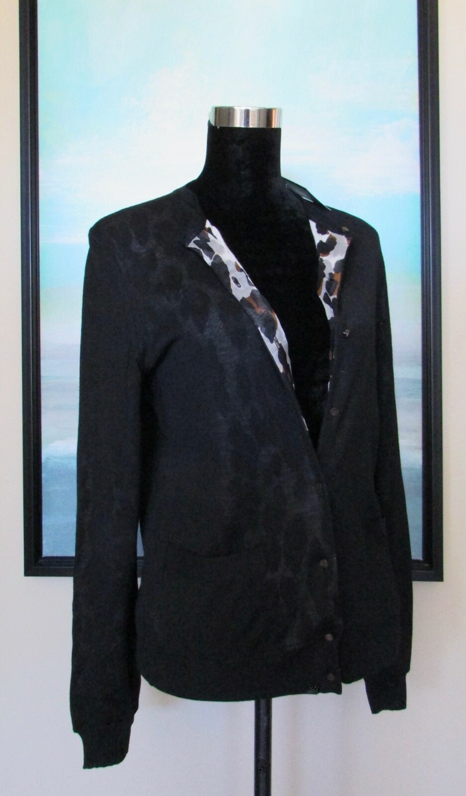 Cardigan Yves Saint Laurent Rive Gauche nero lana di seta leopardata nuovo con etichette $1095