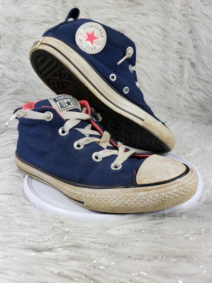 CONVERSE ALL STAR Chuck Taylor Juniors Size 4 Navy Blue Coral Pink Mid Sneakers - Image 3 of 4