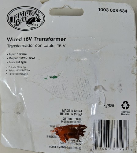 Hampton Bay 1003 008 634 Wired 16v Transformer - Picture 5 of 6