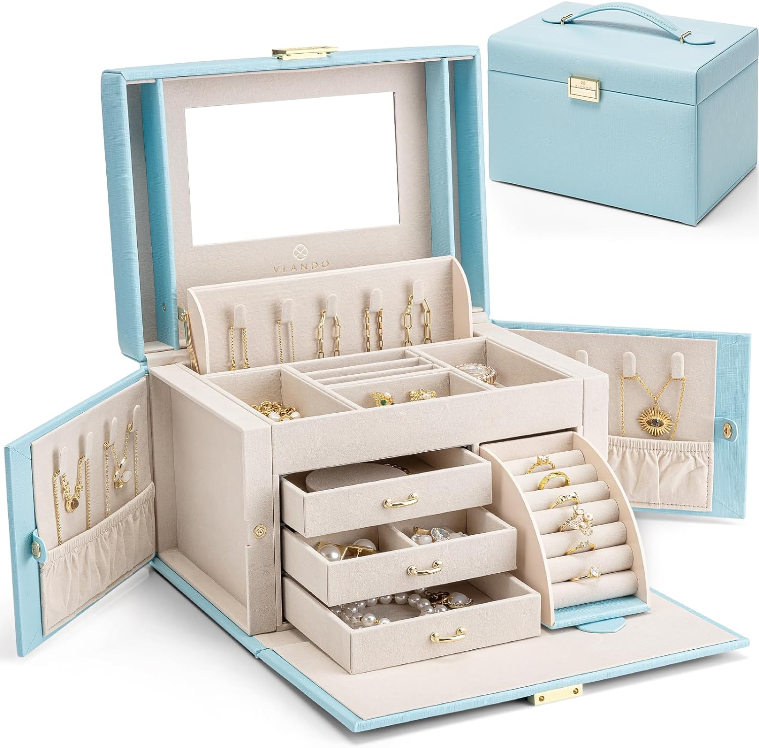 Large Baroque Jewelry Box Organizer for Girls and Women with Storage Drawers and Mirror-image