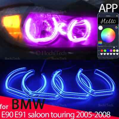 4x APP control Led Angel Eyes Rings for BMW 3 series E90 E91 2005-2008 Halogen 