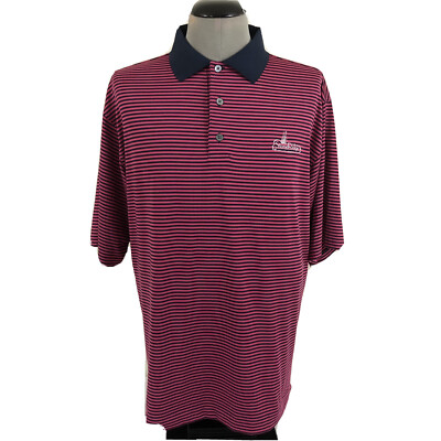 FootJoy Golf Polo Mens L Red Blue Striped Wicking Stretch Stoneridge Logo Shirt