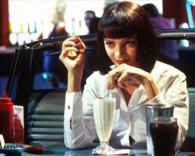 Uma Thurman with cigarette and milkshake from Pulp Fiction 8x10 inch photo 