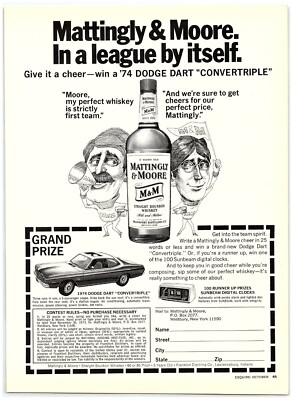 1973 Mattingly & Moore M&M Whiskey Print Ad, '74 Dodge Dart Convertriple Contest