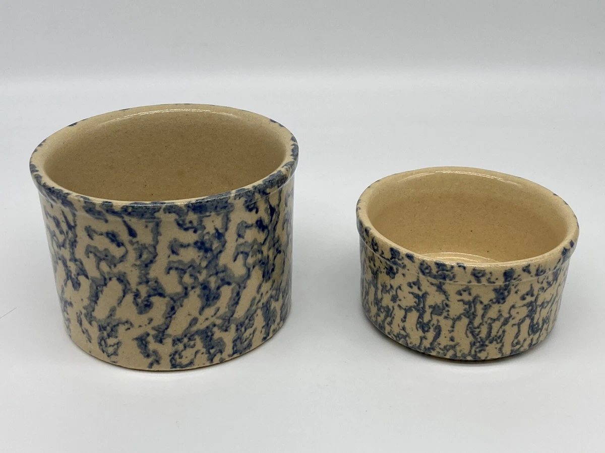 Robinson Ransbottom Pottery Blue Spongeware 1 Pint Low Crock Jar and Ramekin Set