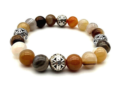 Handmade 10mm Botswana Agate Gemstone & .925 Sterling Silver Bali Bead Bracelet