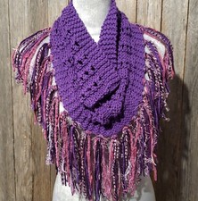 NEW Hand Knitted Purple Infinity Boho Cowl Scarf Fringe Coastal Cottage Indie