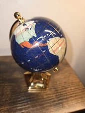Desktop Miniature Rotating World Globe with Inlaid Semi-Precious Stones w/ Stand
