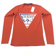 Guess Men's Round Neck Triangle Logo Long Sleeve T-Shirt In Red