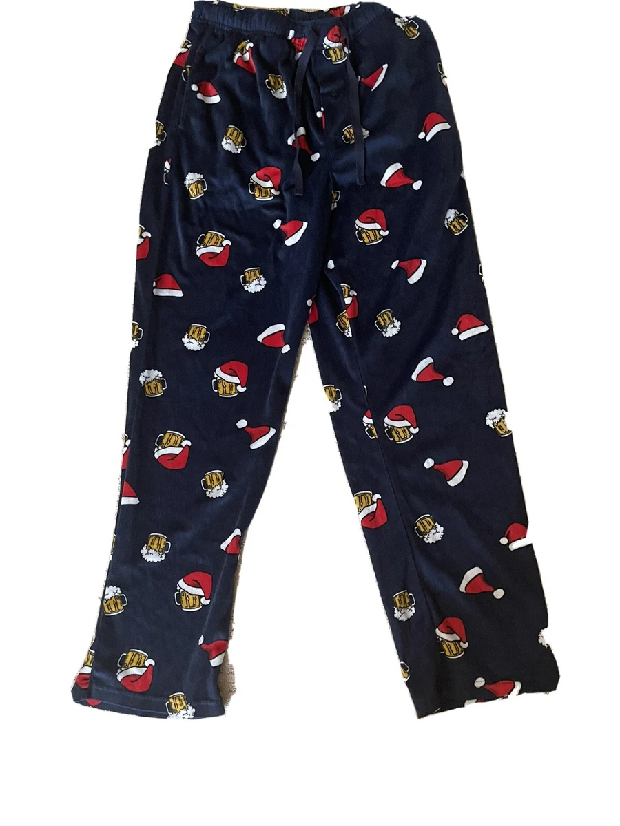 Christmas Pajama Pants / Christmas Hat & Beer / Size Small /Navy Blue /Men