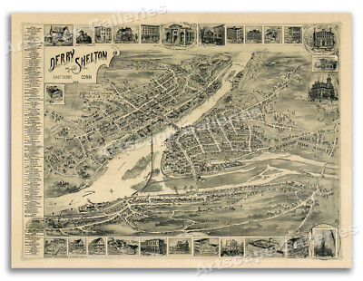 Derby-Shelton Connecticut 1898 Historic Panoramic Town Map - 20x28