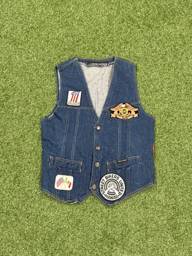 Vintage 1980s Harley Davidson Denim Bikers Vest With Patches And Pins Size S