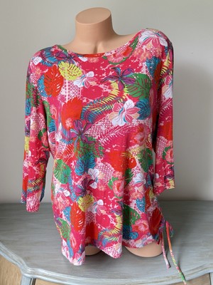 Palm Grove XL Womens Top Tropical Palm Coastal 3/4 Sleeve Stretch Beach Coconut
