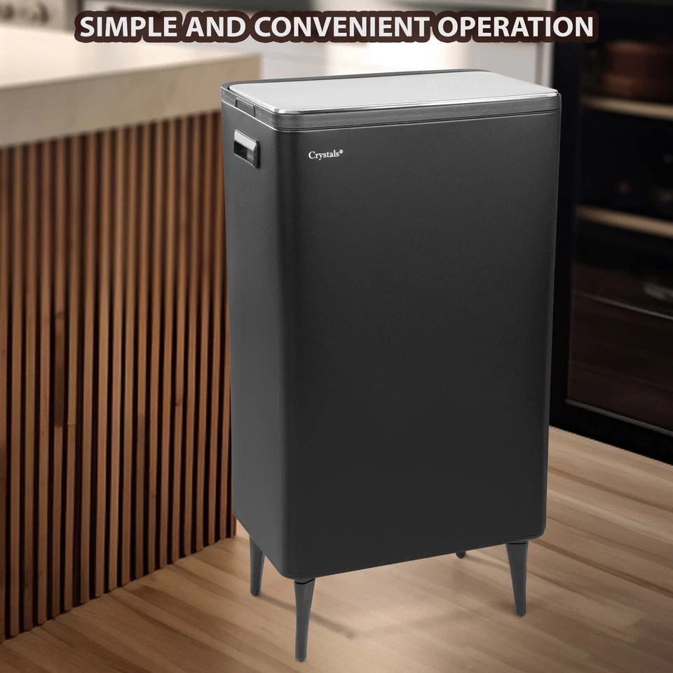 Kitchen Rubbish Recycling Press Top Bin 60L Dual 2 Waste Compartment - Black - Image 2 of 4