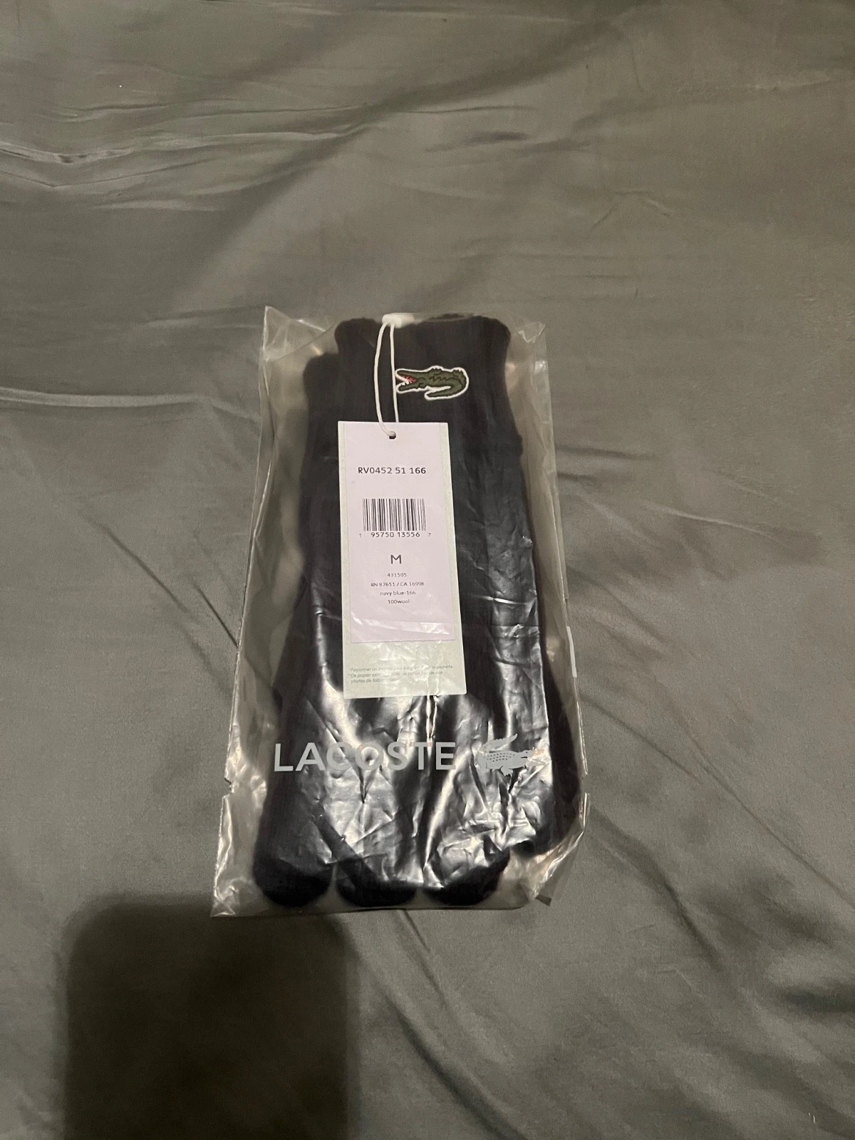 NWT LACOSTE Mens Gloves Mitten Navy 100% Wool Croc Logo RV045251 166 Knit Size M